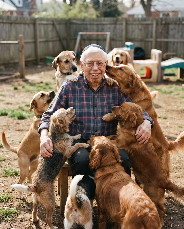 Eliahu surrounded by rescue dogs in his backyard sanctuary
