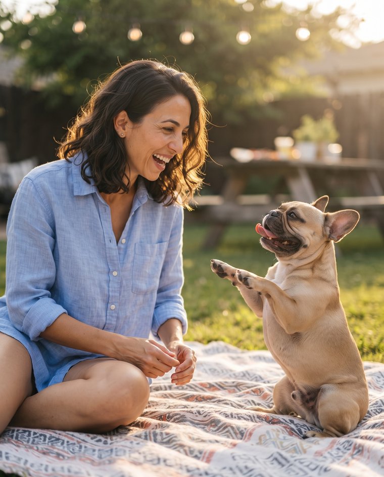 Liat on a picnic blanket in her backyard with her dog Nugget