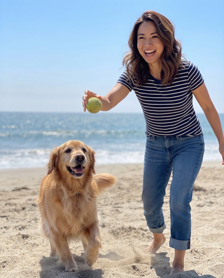 Maya playing fetch with her dog Mochi at the beach