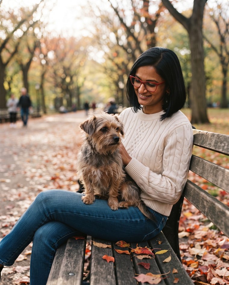 Priya on a park bench with her dog Pixel