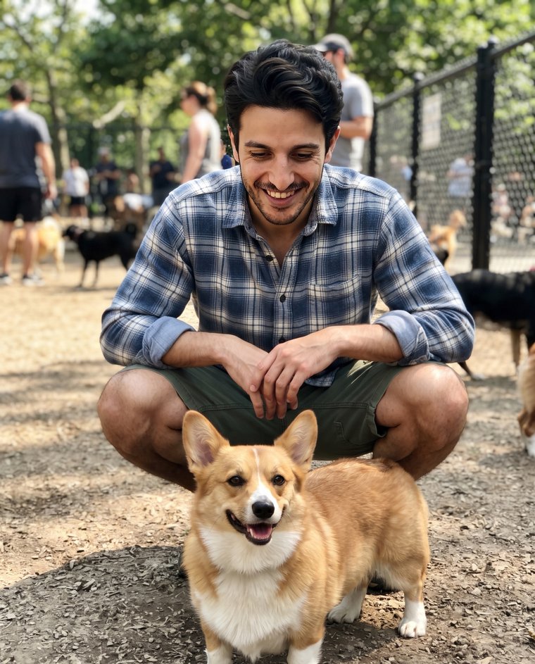 Theo at a dog park meetup with his dog Biscuit